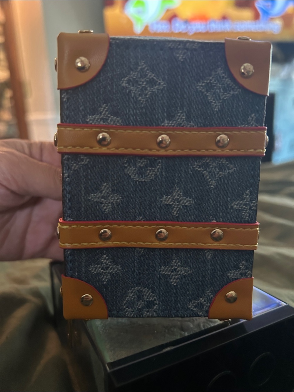Denim Blue Trunk Bag Charm with Tan Trim